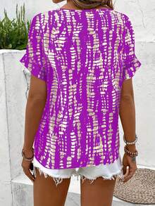 Áo sơ mi nữ cổ chữ V tay ngắn in họa tiết toàn thân mùa hè, áo sơ mi họa tiết cổ điển Mỹ, phong cách nghỉ dưỡng, thiết kế đa năng tôn dáng - Màu tím - Xem 2