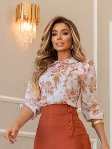 Women's Floral Print Blouse With Sleeves, Modern Evangelical Fashion, Social Evangelical Style, With Button - 白色 - 查看 12