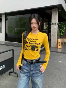 复古美式修身长袖T恤，性感优雅休闲叠穿T恤，字母印花圆领内搭，适合秋冬季穿着 - 黃色 - 查看 6