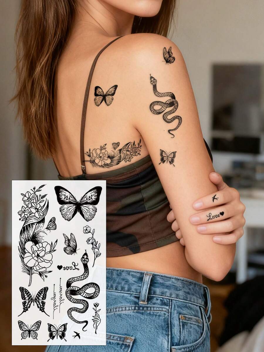 Pegatinas de tatuaje temporal con estilo gótico Y2K de mariposa, serpiente y pluma - Tatuaje floral oscuro para el brazo, apto para muñeca, tobillo, hombro, cuello, clavícula, pegatinas de tatuaje realistas impermeables para DIY, convención de anime, festival, San Valentín, fiesta - Negro - Ver 1