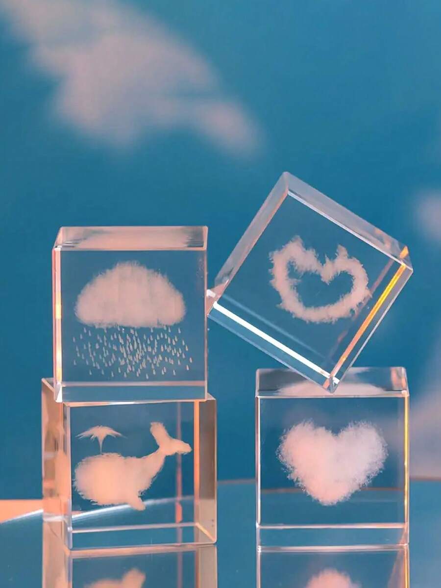 1个迷你3D心形雕刻水晶玻璃立方体 - 反光桌面摆件，适用于家庭和办公室，是情人节和节日礼物的理想之选，桌面装饰品|装饰立方体|光面，心形装饰