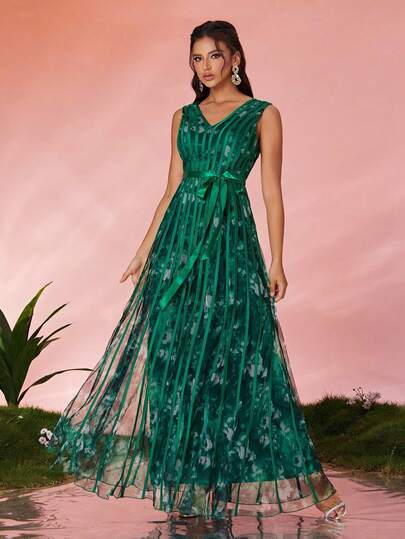 Magiacy Women's V-Neck Floral Print Sheer Panel Evening Gown - Luxury Formal Dress,Green Dress