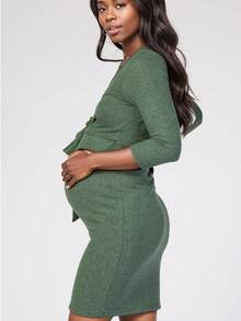 Maternity Solid Color Elegant Casual Twist Ribbed Fitted Dress For Daily Wear - Forest Green - View 4