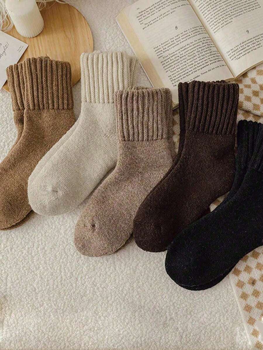 1 Pair/5 Pairs/10 Pairs Women's Warm Thick Knitted Soft Vintage Casual Mid-Calf Socks, Fuzzy Socks, Suitable For Pairing With Snow Boots Or Ankle Boots In Winter - Multicolor - View 1
