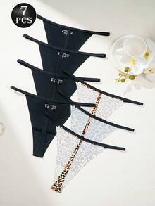7条装性感豹纹混色丁字裤，低腰柔软G字裤，隐形透气T字后背无痕内裤，女士日常穿着内衣 - 彩色 - 查看 2