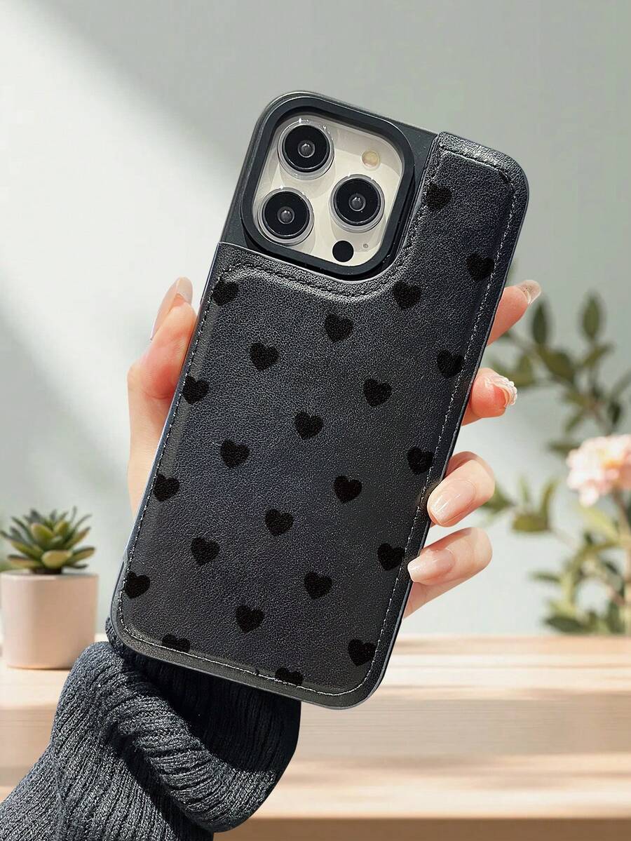 Heart Printed 2D Phone Case Features A Creative,And Stylish Design With A High-End Feel. It's The Latest Designer Faux Leather Wallet-Style Phone Case, With A Shockproof Frame, Three Card Slots, And One Cash Slot. It's Drop-Proof Certified, Features A Business-Style Minimalist Black Design, And Is Both Fashionable And Practical. Shockproof And Scratch-Resistant, It's Compatible With Apple 17/17AIR/17Pro/17ProMax/16, 15, 14, 13, 12, 11 And Galaxy S Series. - màu đen - Xem 1