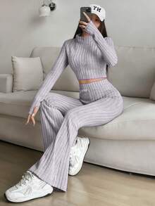 Conjunto De Top Corto Y Pantalón Largo Con Cierre Delantero(Este artículo está hecho de un tejido relativamente fino.) - Gris Claro - Ver 3