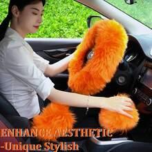 Fuzzy Genuine Sheepskin Steering Wheel Cover Set Women Parents-Fluffy Soft Australian Merino Wool Wrap With Gear Shift And Hand Brake Covers, Cozy Stylish Luxury Car Accessories (Orange) - 薰衣草紫 - 查看 8