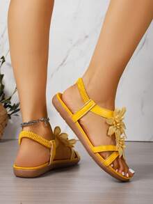 Women's Floral Decor Open Toe Elegant Sandals, Summer Fairy Tale Style Lightweight Vacation Sandals - Mustard Yellow - View 8