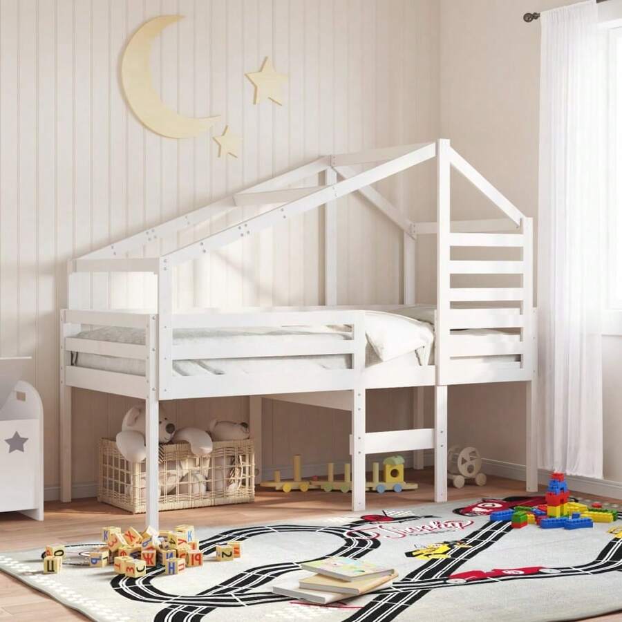 vidaXL Hochbett Mit Dach Weiß 90x200 Cm Massivholz Kiefer - White - View 1
