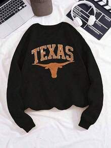 New Women's Sweatshirt Women's Texas Longhorns Graphic Sweatshirt - Retro Long Sleeve Pullover With Bold Orange Lettering & Longhorn Horns Design, Casual Round Neck Sweater Casual Attire & Game Day S,Loose And Comfortable - màu đen - Xem 7