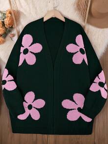 Cardigan tricotat cu model floral jacquard pentru femei, mărime mare, pulover versatil cu mânecă lungă, cadou de Ziua Îndrăgostiților, purtare zilnică