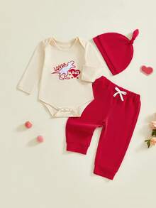Conjunto de ropa para bebé niño con estampado de letras y camión bordado, pantalones con cintura elástica, sombrero para primavera - Rojo - Ver 6