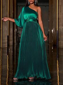 纯色不对称领口褶皱腰带优雅正式连衣裙 - 墨綠色 - 查看 5