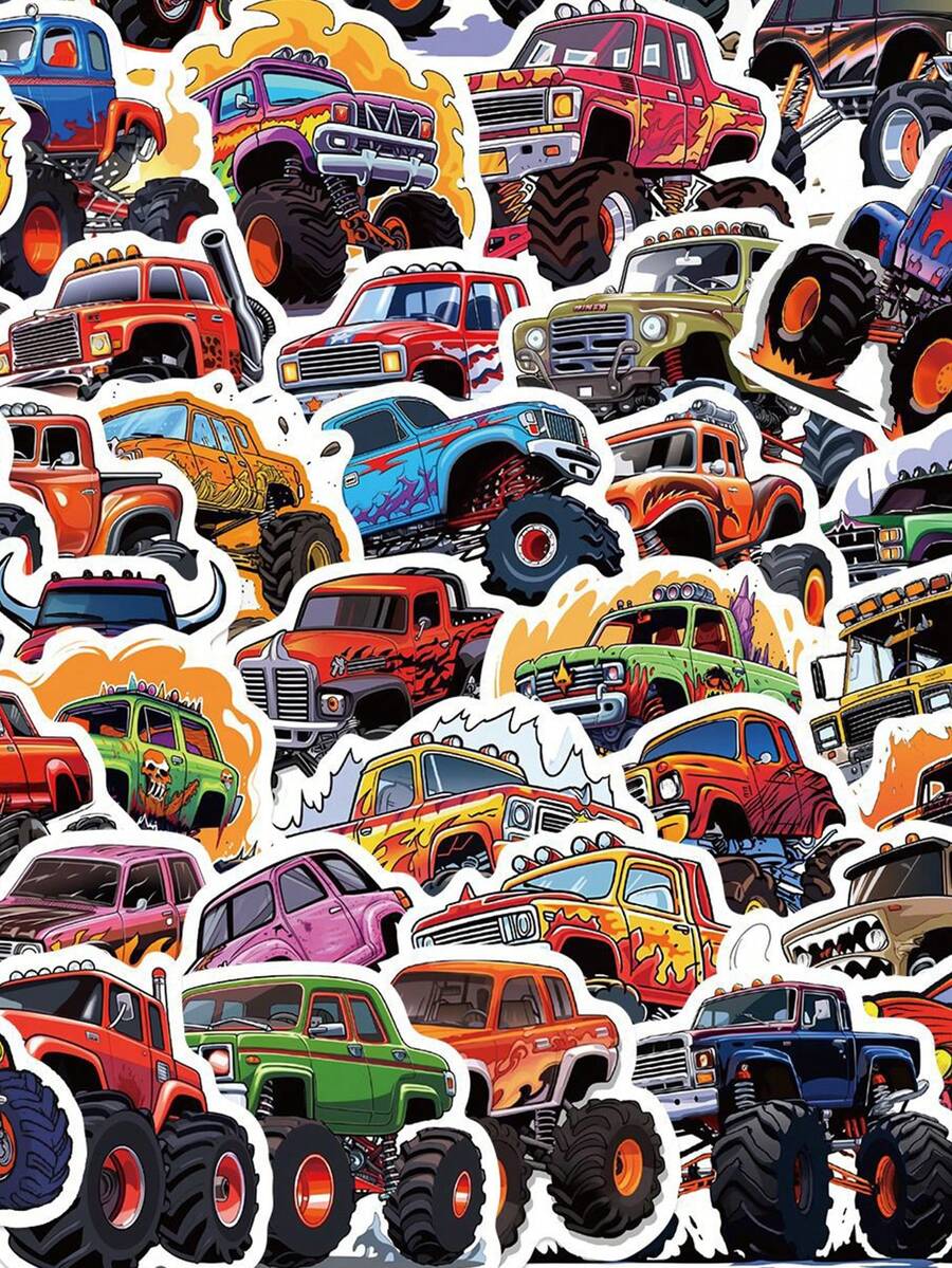 50pcs Cartoon Monster Car Stickers - PVC, Multi-Color, Self-Adhesive, Suitable For Laptops, Guitars, Skateboards, Etc.