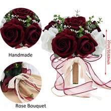 Burgundy And White Artificial Rose Bouquet, Suitable For Rustic Church Boho-Style Weddings Or As Table Decor, Also Can Be Used As A Tossing Bouquet