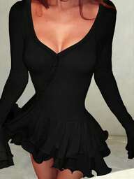 Women's Casual Sexy Solid V-Neck Long Sleeve Ruffle Hem Bodycon Mermaid Dress Sexy Cute Style Halloween Costumes,Women's Sexy Cute Pure Desire Mini Y2K Skirt