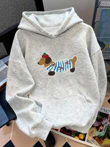ChristmasCute Dachshund Dog Applique Patch Grey Hoodie, Casual Women's Oversized Long Sleeve Pullover Hoodie, Fall Fashion 2025Loose And Comfortablechristmas Outfit Women - Màu Xám nhạt - Xem 1