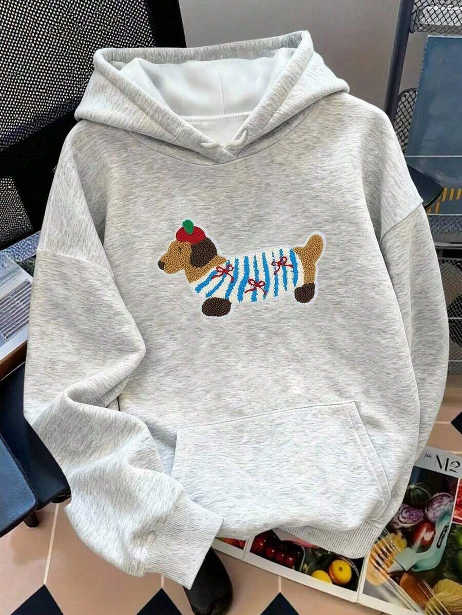 ChristmasCute Dachshund Dog Applique Patch Grey Hoodie, Casual Women's Oversized Long Sleeve Pullover Hoodie, Fall Fashion 2025Loose And Comfortablechristmas Outfit Women - Màu Xám nhạt - Xem 1