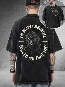 Mens Positive Quote T Shirt  |  Jesus Rolled Me That Way Graphic Tee Casual Daily Wear Gift 100 Cotton 230gsm Heavyweight Washed Vintage Tshirt Unisex Retro Style - 黑色 - 查看 2