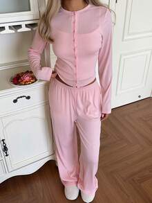 GAOVOT Women's Three Pieces Autumn/Winter Home Casual Sweet Halter Vest And Cardigan Top And Loose Wide Leg Straight Pantsuit - Pink - View 4