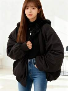 Women's Oversized Hooded Coat With Faux Fur Collar, Slimming Silhouette, Dual-Sided Pockets, Reversible, Casual Street Style, Short Jacket For Autumn/Winter - Black - View 3