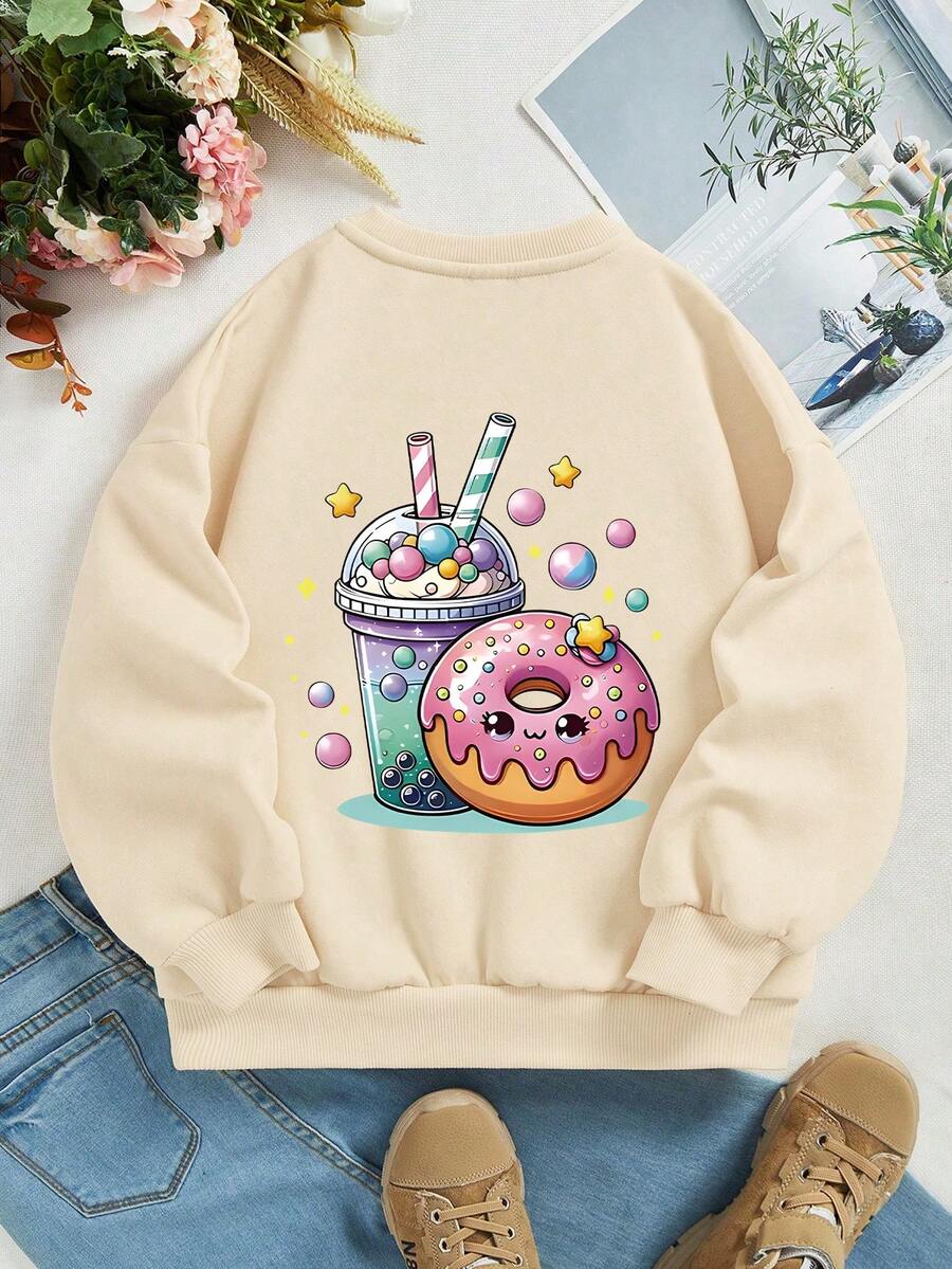 少女休闲卡通甜甜圈可爱脸少女风格笑脸图案圆领长袖黑色毛衣套头衫秋冬款女童 - 杏色 - 查看 1