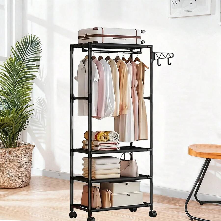 1 Four-Layer-Compartments Simple Wardrobe, Large Capacity Wardrobe, Standalone Wardrobe, Suitable For Bedroom, Living Room, Entrance - 黑色 - 查看 1