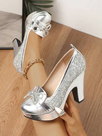 Comfortable Bridal Shoes, Round Toe Mary Jane Pumps With Rhinestone Bow, Waterproof Platform, Silver High Heels, Versatile Dance Shoes For Women