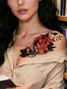 STARTTOOS Hoa mẫu đơn đỏ với họa tiết hoa phong phú và thịnh vượng, miếng dán hình xăm giả tạm thời thích hợp cho cánh tay, đùi, vai, cổ, ngực, lưng tự làm, tiệc hàng ngày, quà tặng lễ hội, chống thấm nước cho cơ thể, miếng dán hình xăm chân thực, 1 gói - Nhiều màu - Xem 2