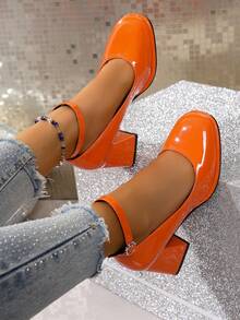 Geeyea Elegant Women's High Heels, Ankle Buckle Design, Multiple Colors To Choose From, Thick Heel Design, Suitable For Dance Parties, Also Suitable For Plus-Size Women, Shiny Leather Shoes, Local Warehouse Women's Products,Shoes For Women,Heels For Women,Local Warehouse Items For Women - trái cam - Xem 1
