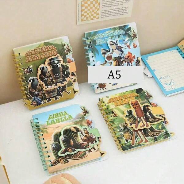 1 set de 4 piezas de Cuaderno de espiral con diseño de Shan Hai Jing de dibujos animados, Cuaderno con hebilla mágica Tung Tung Sahur - Compacto y portátil tamaño A5, regalo pequeño ideal para otros y útiles escolares