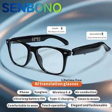 SENBONO AI翻译智能眼镜 - 支持100多种语言翻译的智能无线眼镜 - 音频眼镜，具备无线通话、音乐播放、音乐控制、相机控制（智能眼镜本身不带摄像头）、语音唤醒、面对面及同步视频语音实时翻译功能，适用于商务办公，也是男女皆宜的时尚礼品。 - 黑色 - 查看 13