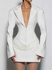 Sexy Ladies White Long Sleeve Deep V Neck Knitted Bodycon Mini Dress With Pleated Details Eve Dress Women