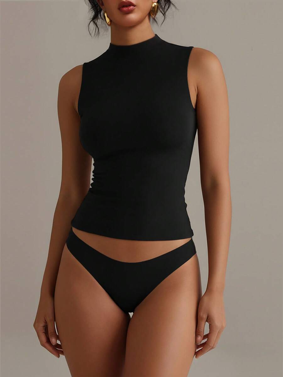 XLLAIS Crew Neck Sleeveless Solid Color Undershirt, Double-Layer Stretchy Slim Fit T-Shirt - Black - View 1