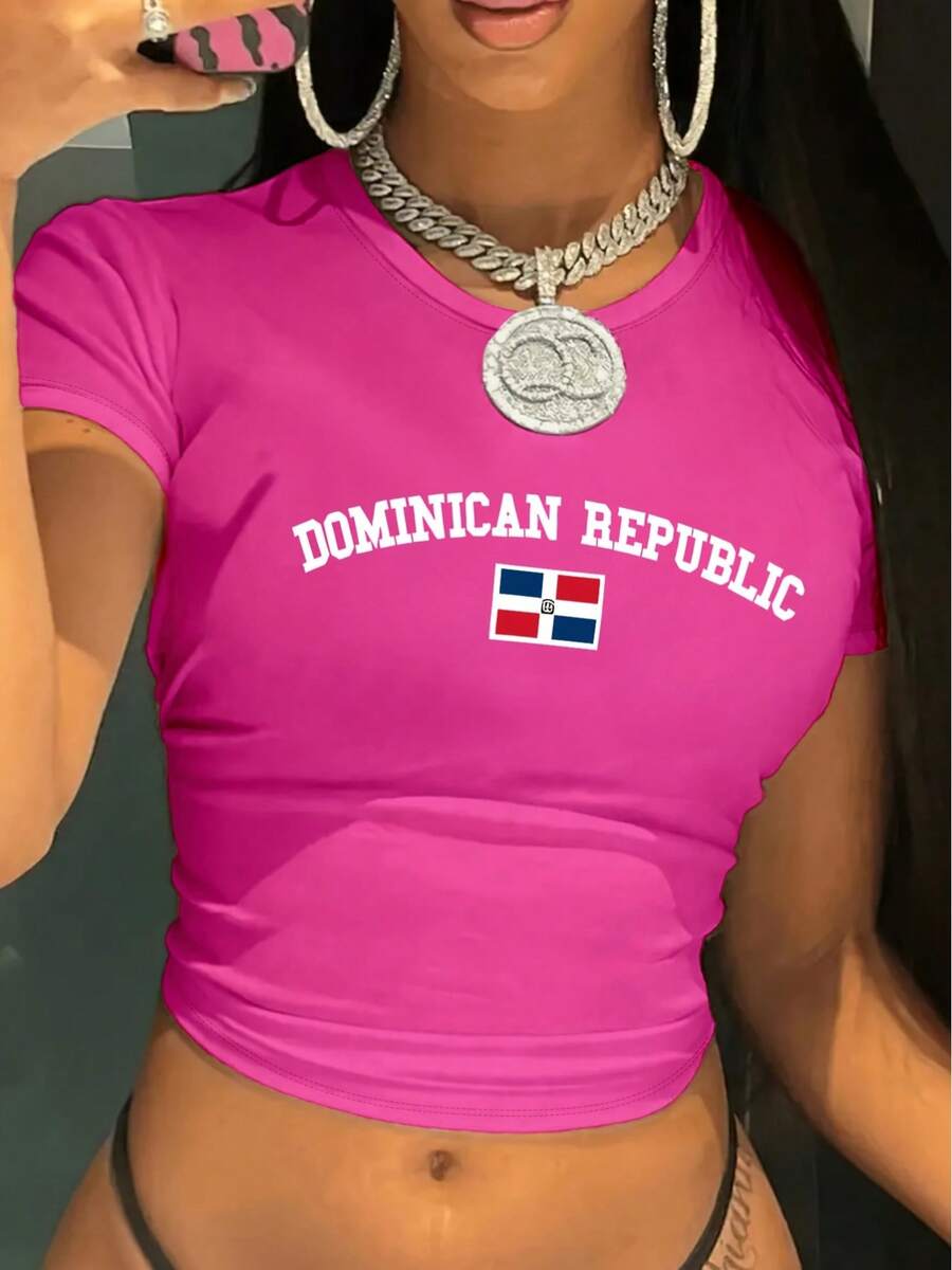 New Crop Top With Round Neck And Short Sleeves Dominican Republic Letter Print Women's Casual Simple Fitted Short Crop Top - Màu Hồng Tươi - Xem 1