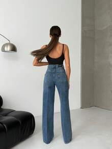 SQUALO Women's Wide Leg Color With Pocket Details Destroyed Retro Washed Street Style Jeans Ripped And Cutout Wide Leg Jeans - Royal Blue - View 6
