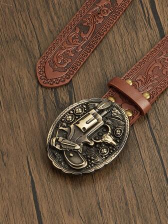 1pc Unisex Retro Western Cowboy Style Handgun Buckle Embossed PU Leather Belt, Fashion Versatile, Suitable For Various Seasons - Halloween, Summer, School Autumn, Autumn, Halloween - Pair With Jeans And Long Skirts