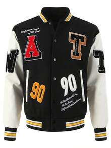 Men's Black Baseball Jacket High End Embroidered Leather Fashionable Street Style Sportswear Casual Classic Retro Sportswear Patchwork PU Long Sleeved Hip-Hop Motorcycle Jacket Coat - Black - View 1