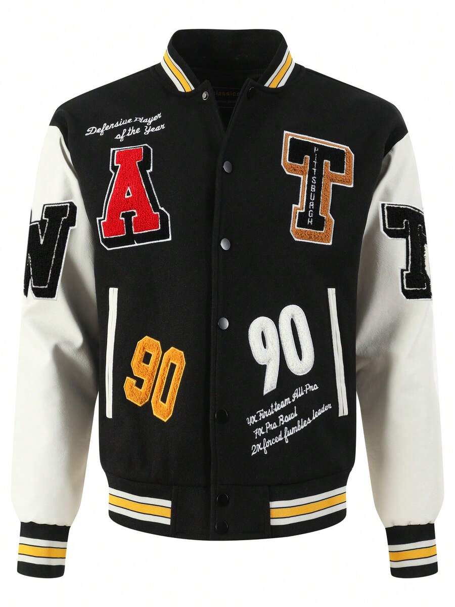 Men's Black Baseball Jacket High End Embroidered Leather Fashionable Street Style Sportswear Casual Classic Retro Sportswear Patchwork PU Long Sleeved Hip-Hop Motorcycle Jacket Coat - Black - View 1