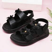 1 Pair Toddler Girls' Casual Flat Sandals, Fashion Double Flower Hook And Loop Closure Open Toe Sandals - Black - View 7