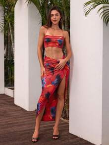 PARTHEA Floral Print Ruched Cropped Cami & Twist Front High Slit Skirt Set Vacation - Rose Red - View 3