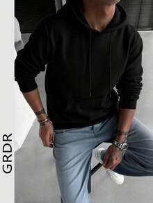 Men's Solid Color Long Sleeve Casual Hoodie With Drawstring And Pockets - 黑色 - 查看 1