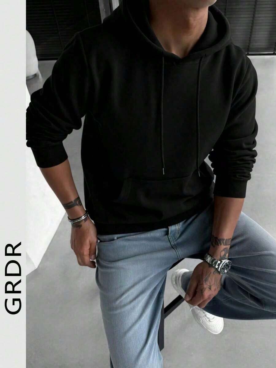 Men's Solid Color Long Sleeve Casual Hoodie With Drawstring And Pockets - 黑色 - 查看 1