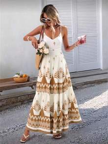 Women's Long Spaghetti Strap Dress With Braided Print, Summer Clothes, Valentine's Day, Vacation Looks, Beach, Festival, Romantic, Bohemian, Boho, Carnival. Ruffled Hem. Gathered. With Belt. Beach. Vacation. - 卡其色 - 查看 3