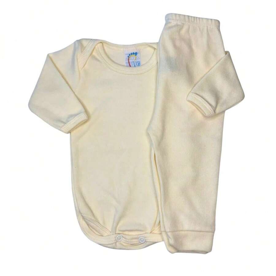 Conjunto de Bebe Body + Calça Liso Canelado Promoção - Marfim - Visão 1