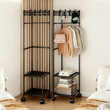 Metal Floor Coat Rack With Wheels, Featuring 2 Storage Shelves And 4 Hooks, Durable Clothing Rack, Suitable For Bedroom Corners, Hallways, Living Rooms, And Hotels - 黑色 - 查看 2