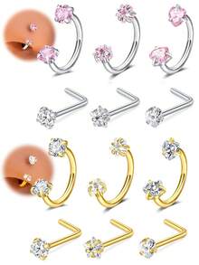 AVYRING 2 件不锈钢锆石马蹄形穿孔鼻耳肚脐环女式耳骨耳钉耳环耳甲穿孔饰品 - 彩色 - 查看 9
