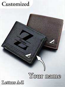 Men's Solid Color Letter Print Short Wallet, Made Of PU Leather, Minimalist Bifold Multi-Card Slots Design, Customizable, Ideal Gift For Brother, Father, Boyfriend, Anniversary, Father's Day, Christmas, Valentine's Day - Black - View 5
