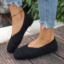 大码女式平底纯色针织乐福鞋，女式浅口透气复古方头套脚休闲鞋 - 黑色方塊 - 查看 4